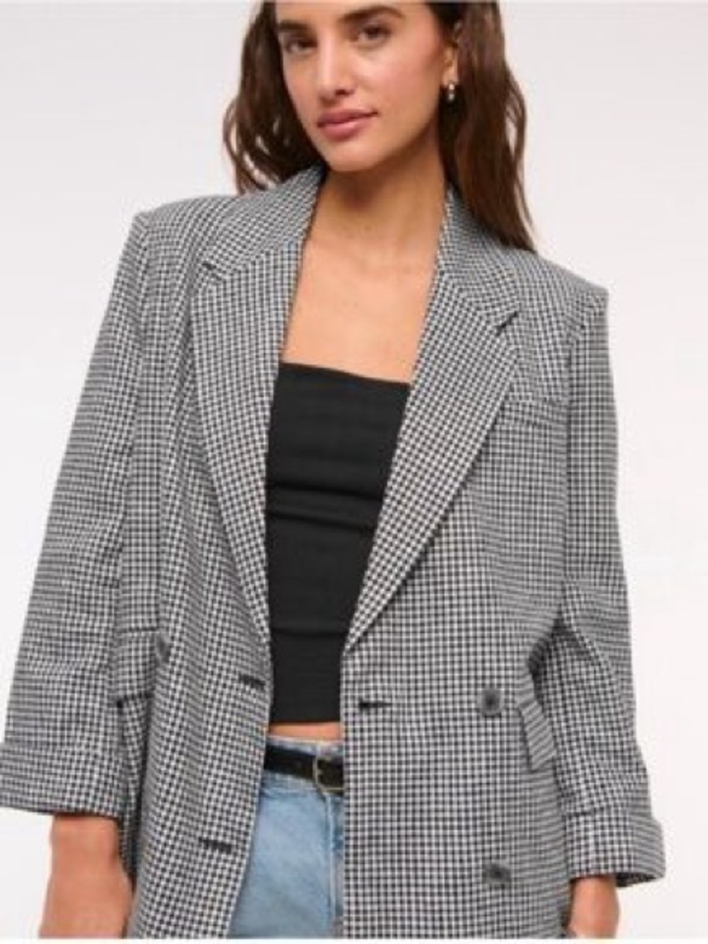 Abercrombie Double Breasted Linen Blend Black White Check Academia Blazer Large